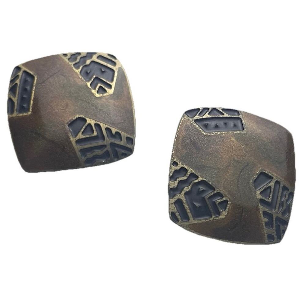 Vintage Edgar Berebi Post Earrings Square Bronze Enamel 1" Retro 80s 90s Estate